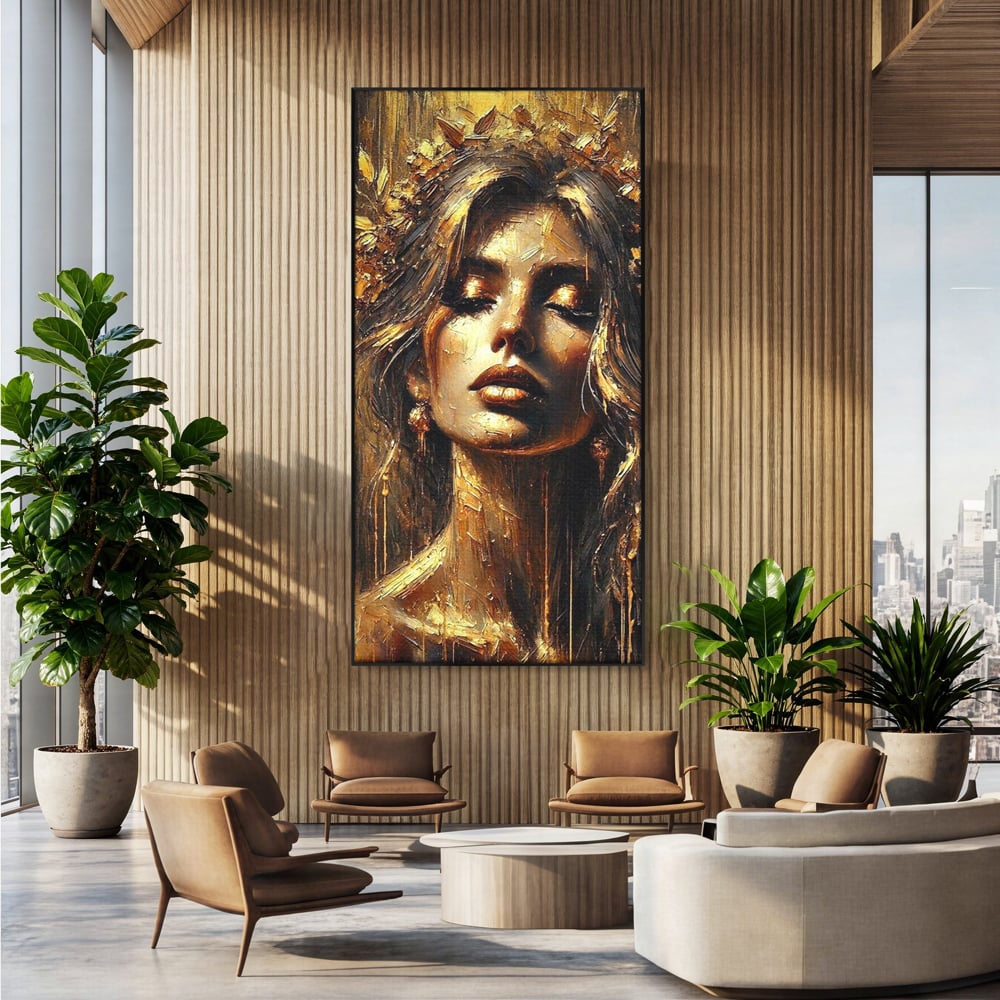 Tablou canvas cu tablou canvas cu portret de femeie aurita, in rama de aluminiu negru, pe perete intr-un birou